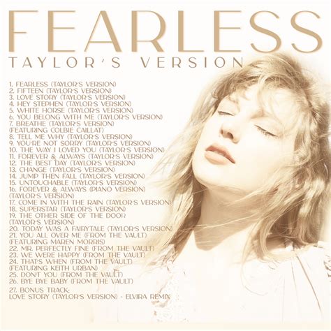 Apr 9, 2021 · On Friday, Swift dropped Fearless (Taylor's Version), after re-recording the masters of her smash 2008 sophomore album.The re-release includes all 13 of the LP's original songs, the six additional ... 